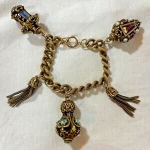 Vintage Etruscan Revival Bracelet Couture Gold Tone Charms Tassel 7" Estate